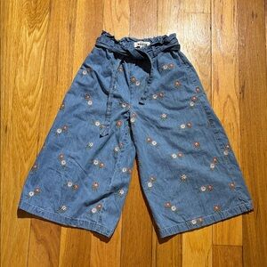 Mini Boden Floral Embroidered Blue Tie Waist Denim Culotte Pants